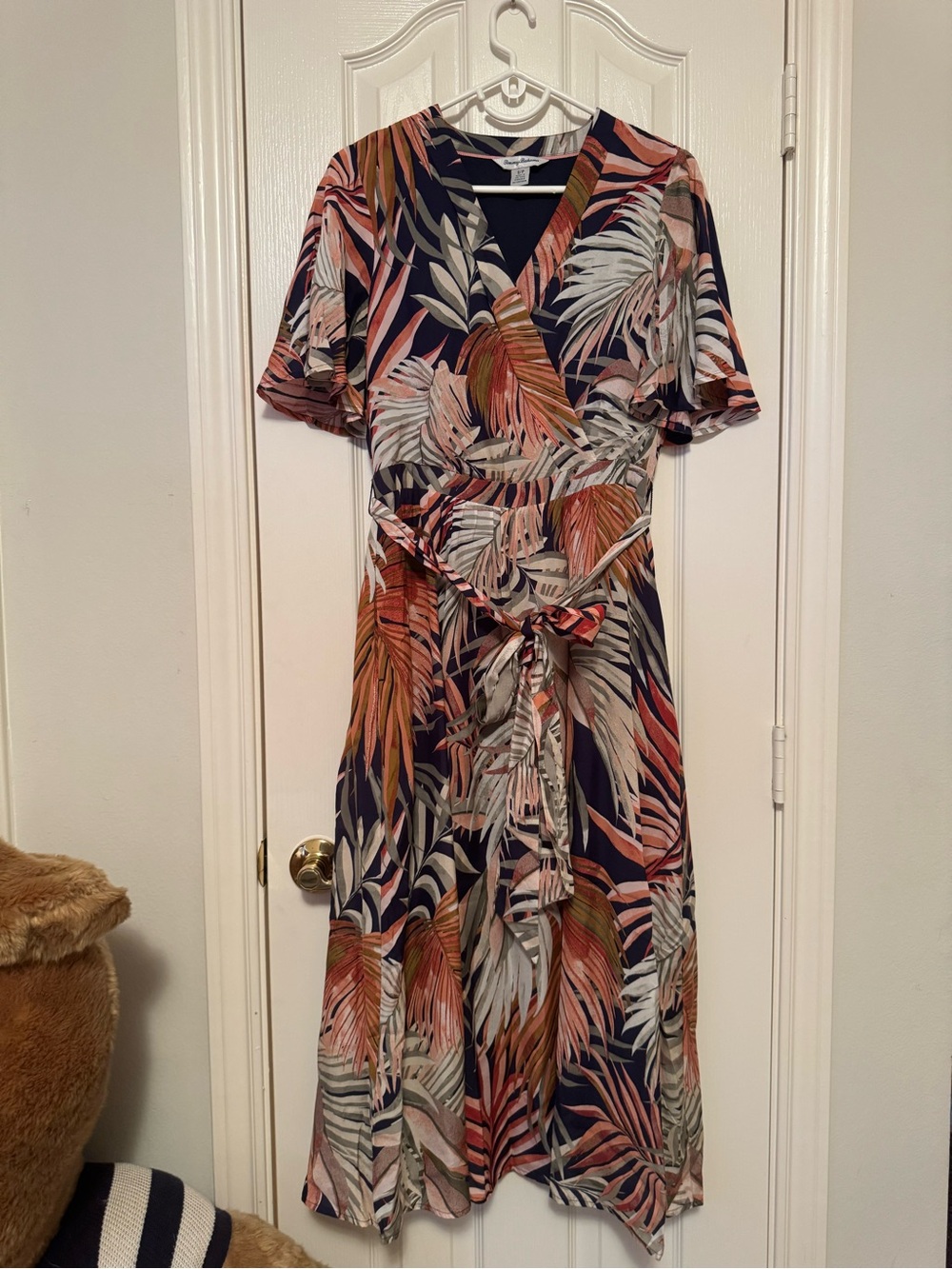 Tommy Bahama Navy Wrap Midi Dress with Coral & Cream Leaf Print